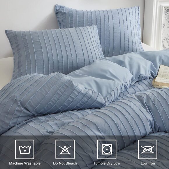Boho Duvet Cover Striped Textured Duvet Cover Set Tufted Bedding Set  - Blue - Picture 7 of 8